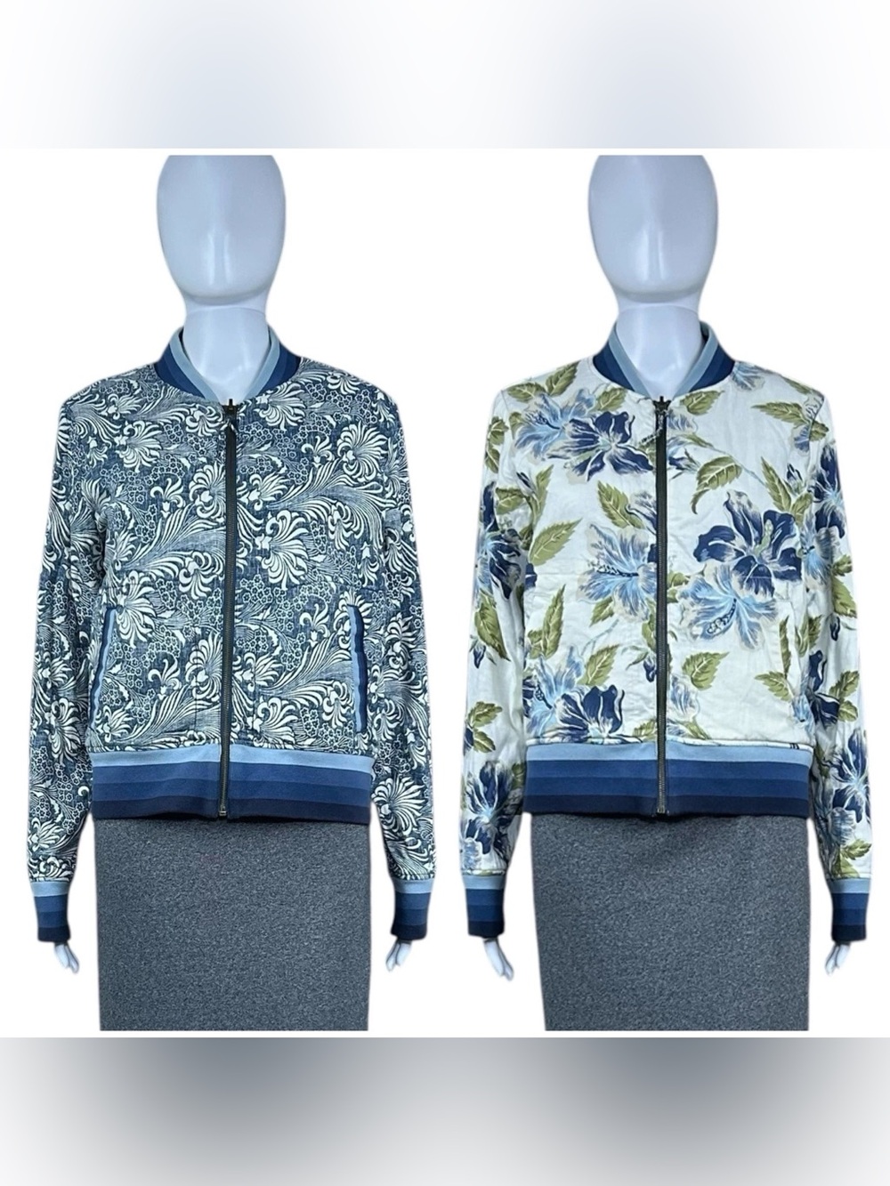FAHERTY Mandalay Reversible Blue Floral Striped Bomber Varsity Jacket L Unisex